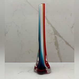 Vintage Tall Thin Elephant Foot Base Red, White Blue Art Glass Vase 10”